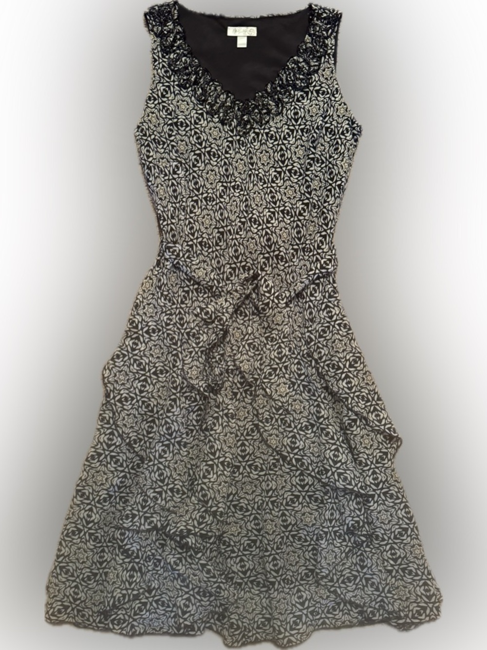 Dress Barn Sz 12 Black White Olive Printed Sleeveless Midi Dress w/ flower belt